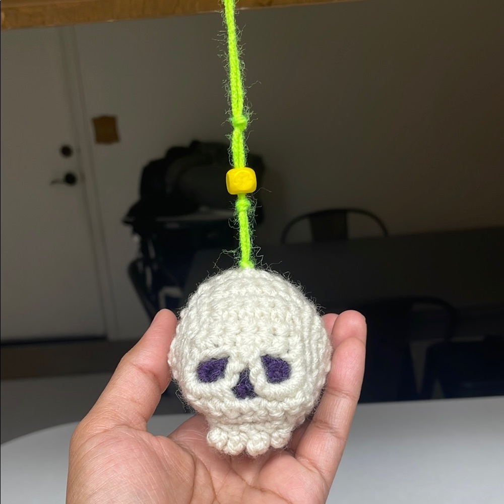 Hand Crafted White and Purple Crochet Skull Car accessorie